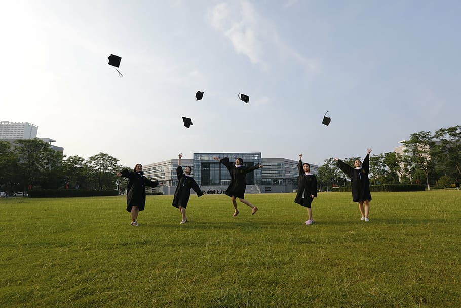 five person wearing academic dress, graduation, university HD wallpaper