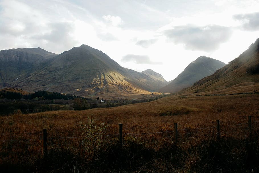 landscape of mountain, photo, brown, wooden, post, sunset, highland HD wallpaper