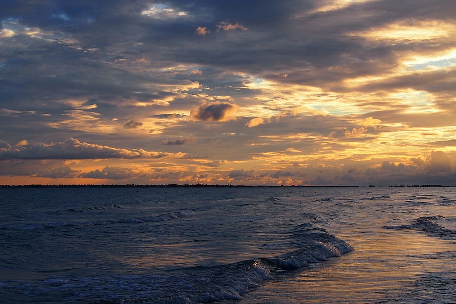 Beach, Sunset, Clouds, Sea, nature, sky, beauty in nature, water HD wallpaper