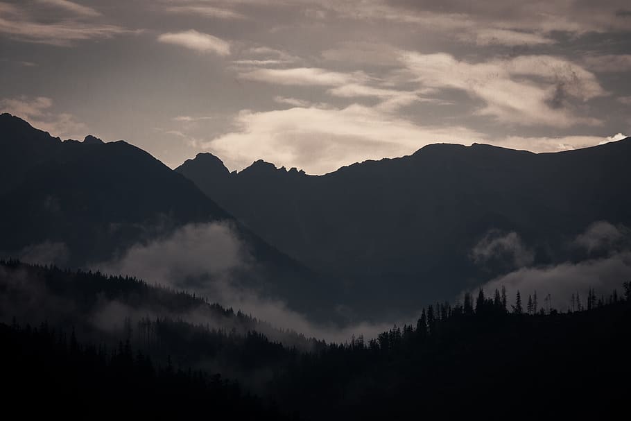 dark, mountain, trees, plant, sky, clouds, forest, nature, landscape HD wallpaper