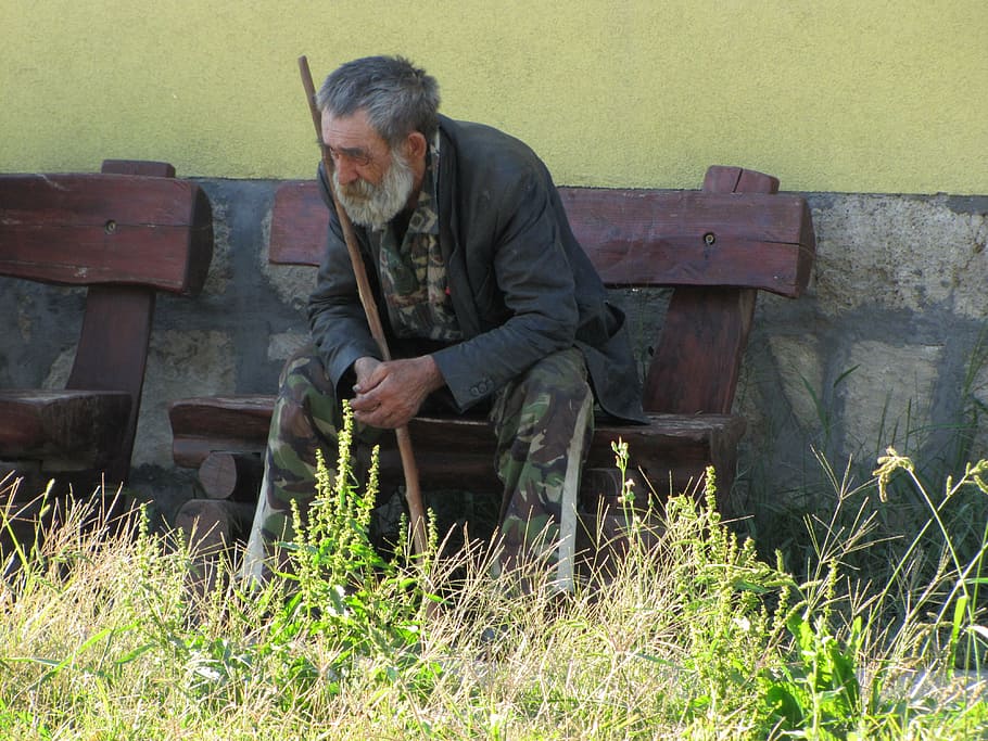 man sitting on bench holding cane at daytime, moody, shepherd.
