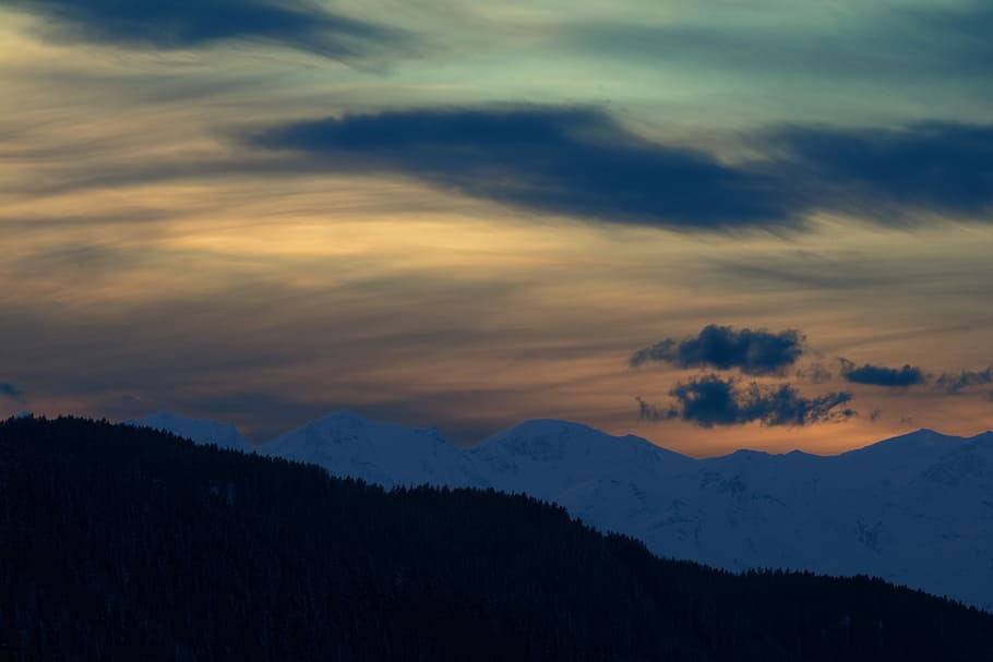 silhouette photography of mountain, aerial photography of mountain view during golden hour HD wallpaper