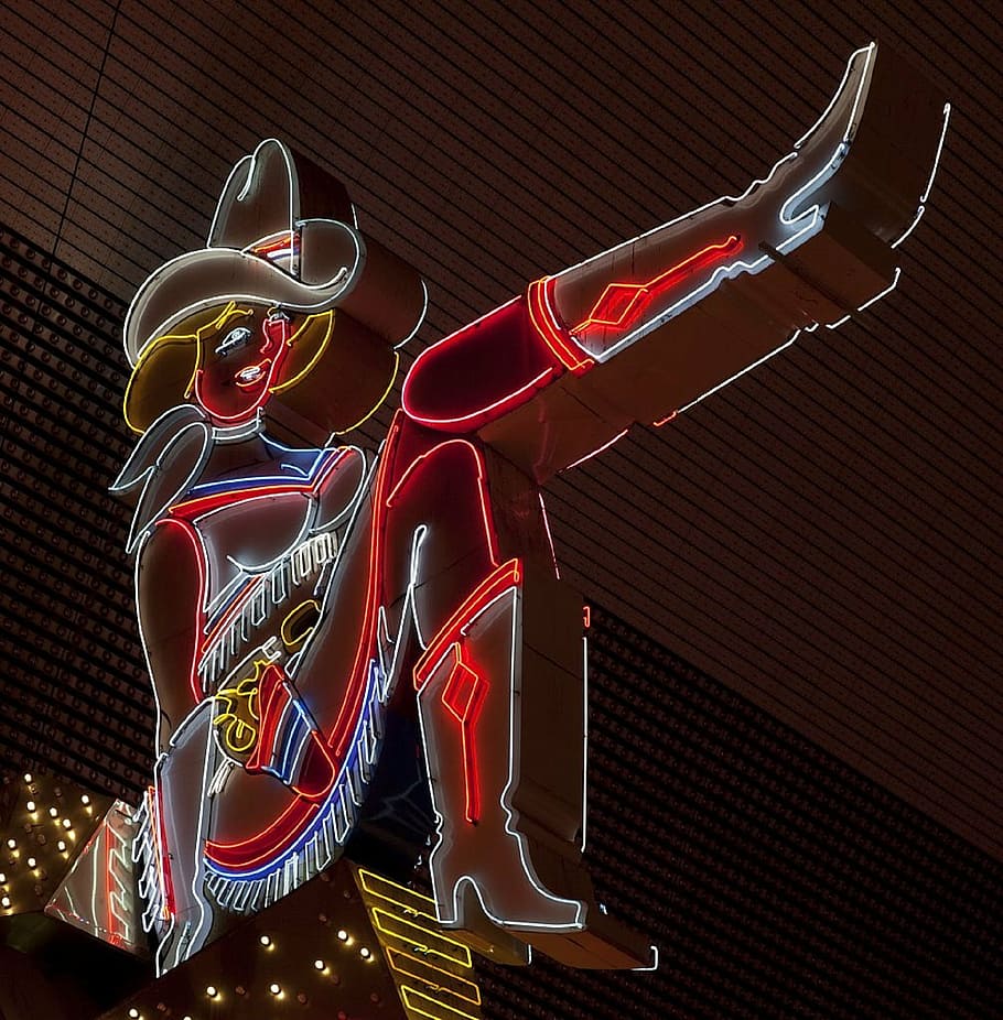 neon sign, las vegas, cowgirl, advertising, colorful, night