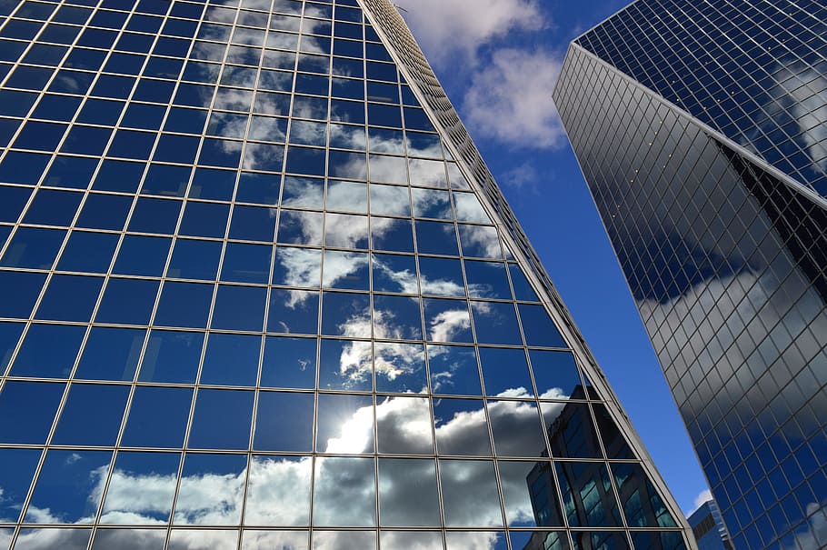 low angle view of high rise building, buildings, clouds, reflection HD wallpaper