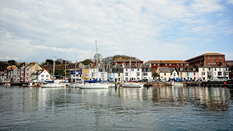 boats on body of water near buildings, weymouth, harbour, sea, HD wallpaper