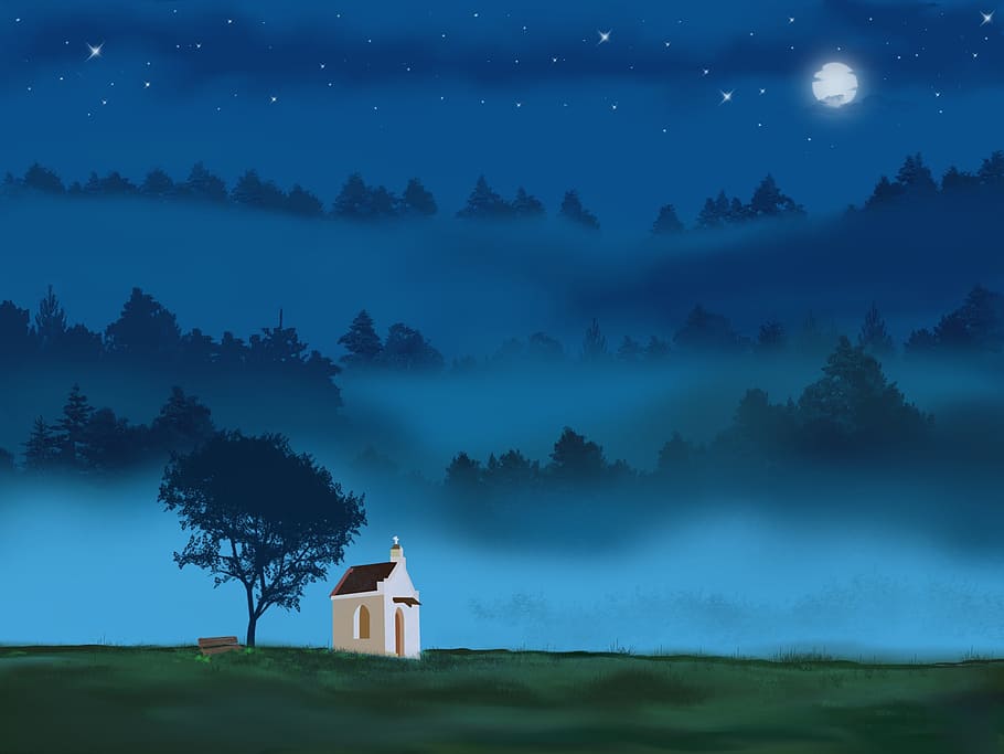 white house beside tree during nighttime digital photo, landscape HD wallpaper