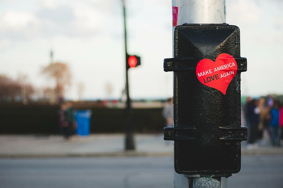 close-up photo of Make America love again text on black metal post HD wallpaper