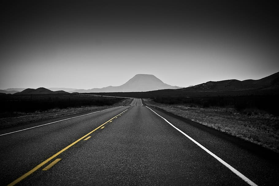 gray concrete road near mountain, black and white, desert, texas, HD wallpaper