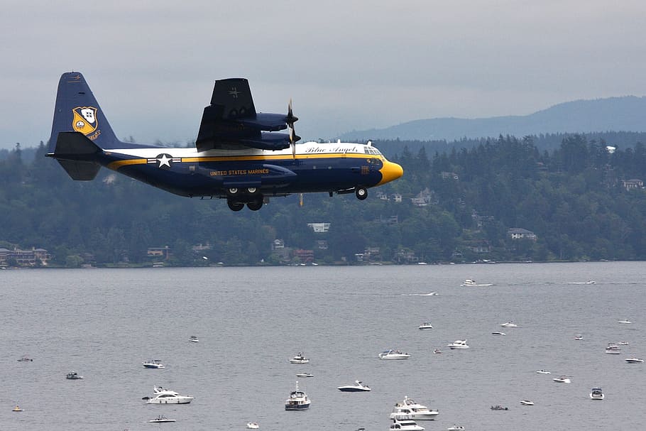 black and yellow aircraft above body of water, Fat Albert, Airplane, HD wallpaper