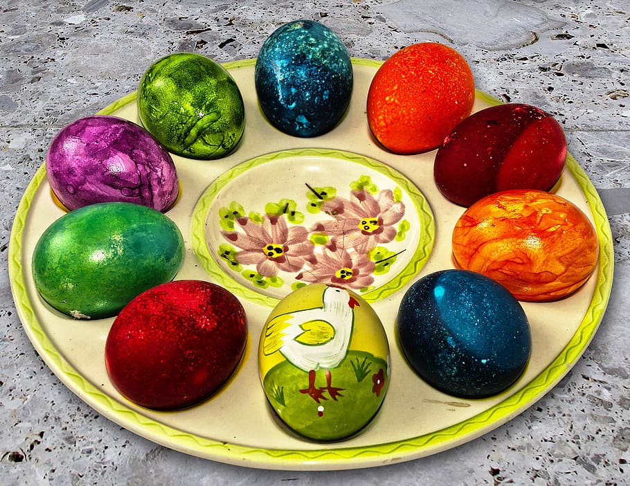 easter plate, easter decoration, easter eggs, colorful eggs HD wallpaper