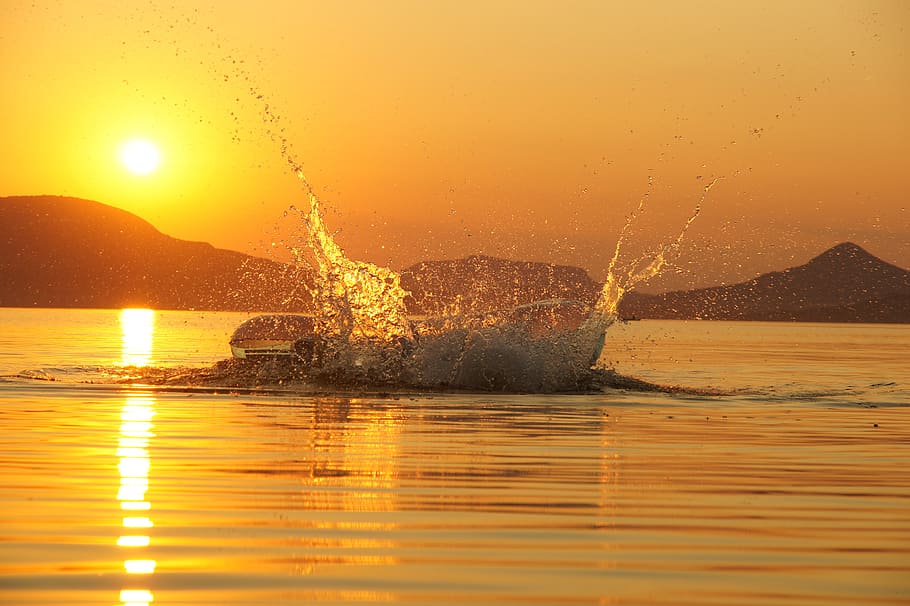 time lapse photo of water splash, lake balaton, sunset, sky HD wallpaper