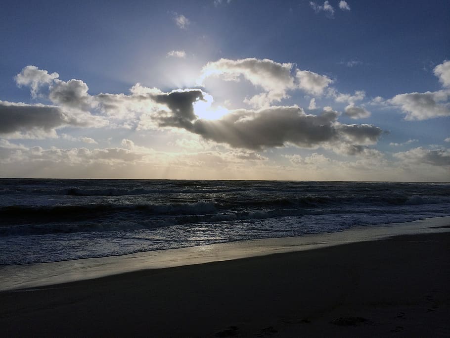 sunset, beach, sea, sky, water, land, cloud - sky, horizon HD wallpaper