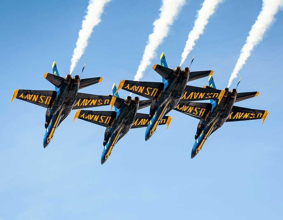 four jet fighters on sky, black, blue, jetplanes, flight, smoke
