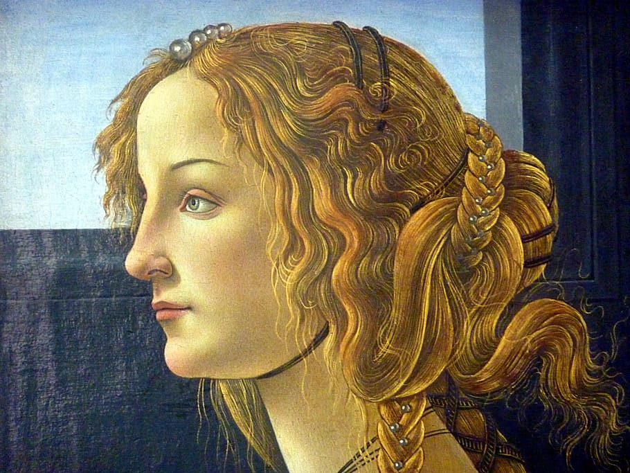 woman, portrait, painting, botticelli, headshot, close-up, indoors