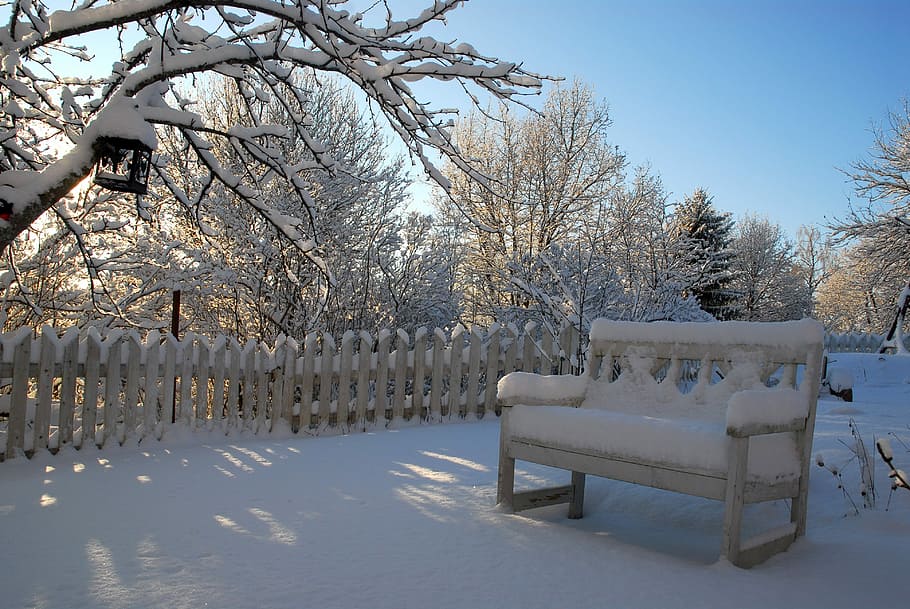 Chair, Snow, Winter, Garden, Backyard, park, fence, cold temperature, HD wallpaper