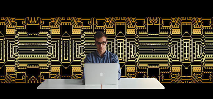 man sitting while using MacBook, board, digitization, circuits HD wallpaper