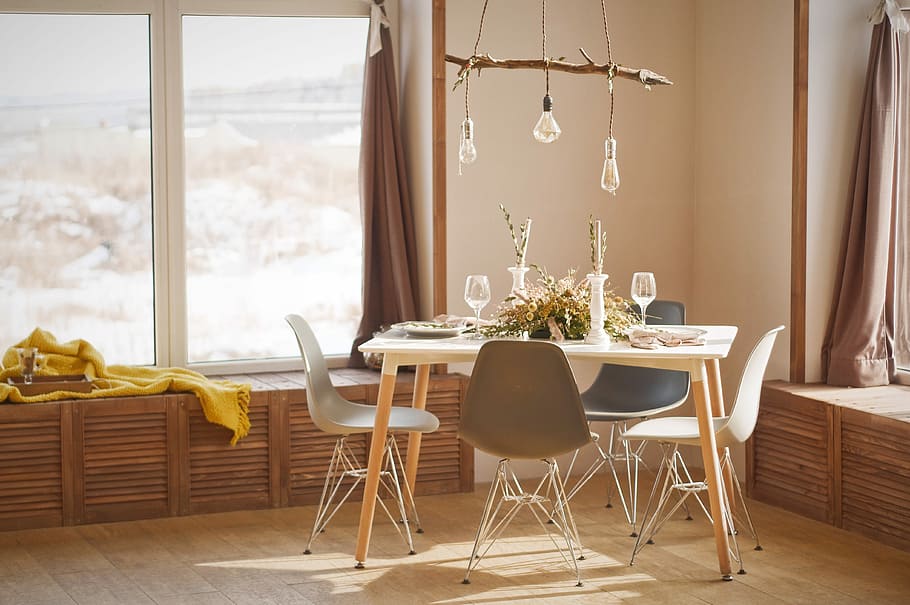 white wooden dining table set during daytime, dining table setup HD wallpaper