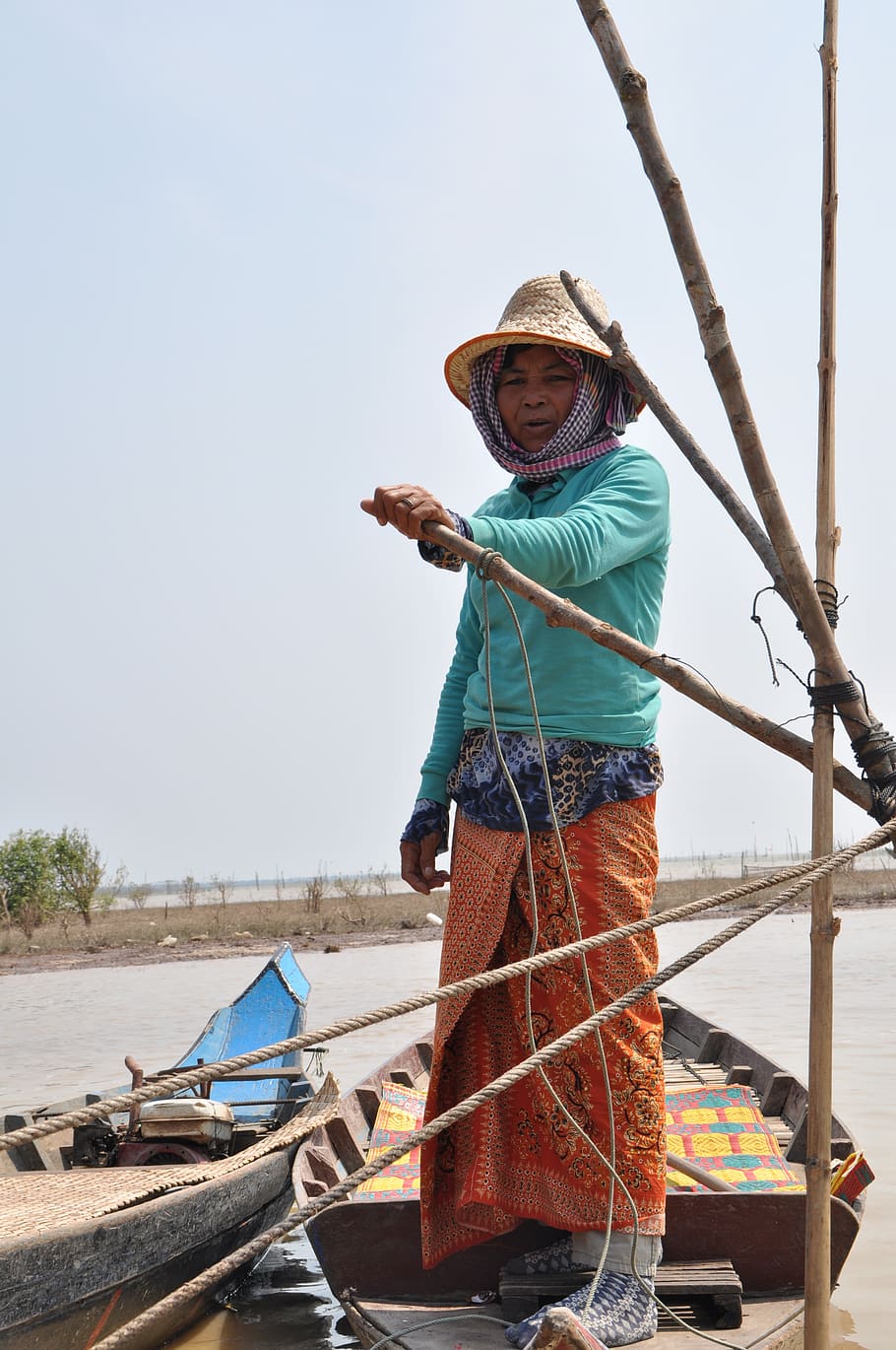 boat, tonle sap, cambodia, woman, sky, clear sky, water, one person, HD wallpaper