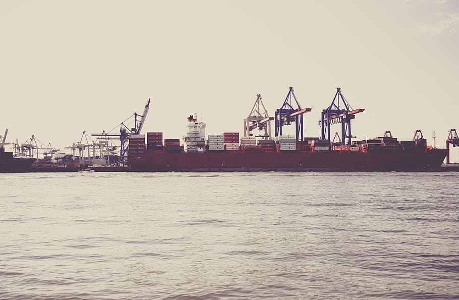 shipping container on red boat, hamburg, port, loading, kai HD wallpaper