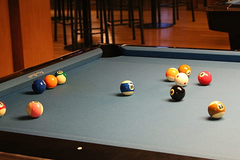 pool table with ball set, pocket, 8, rack, cue, snooker, billiard HD wallpaper