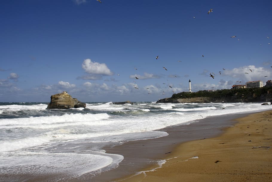 sea, beach, lighthouse, bay of biscay, sun, landscape, rocks, HD wallpaper