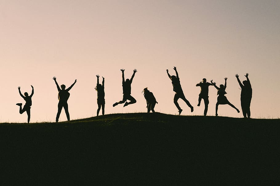 silhouette photo of group of people on mountain, nine persons silhouette of jumping during golden hour, HD wallpaper