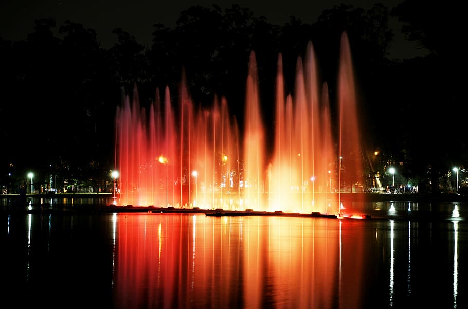 ibirapuera park, lights, night, water show, color, colorful, HD wallpaper