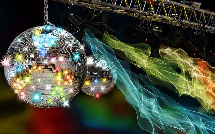 two gray disco balls, party, celebration, mirror ball, club, celebrate, HD wallpaper