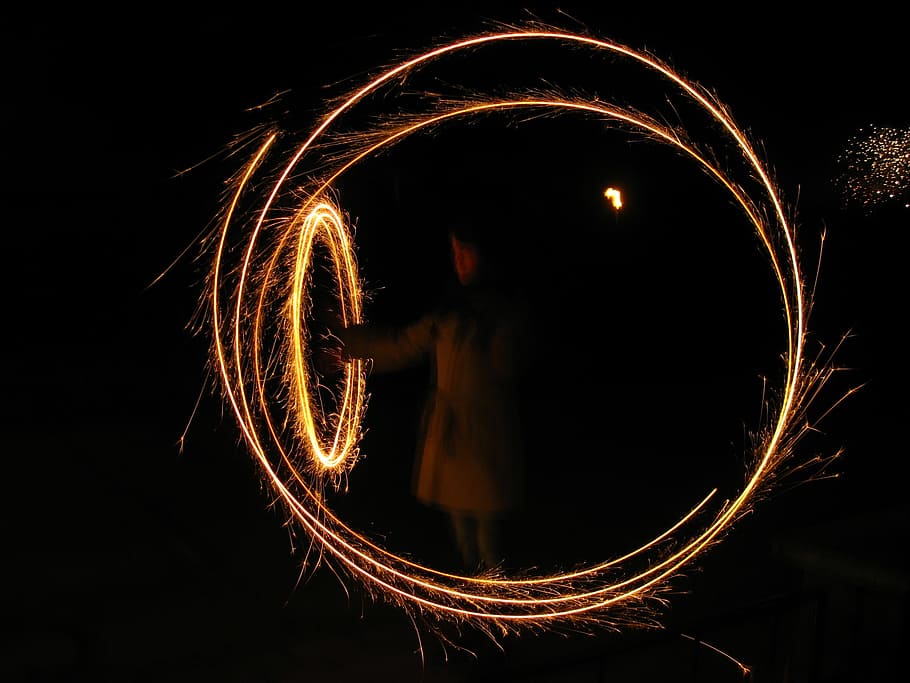 timelapse photography of poi dancer, new year's eve, sparkler