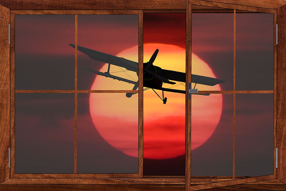 nature, sky, sun, evening sun, sunset, fly, aircraft, window, HD wallpaper
