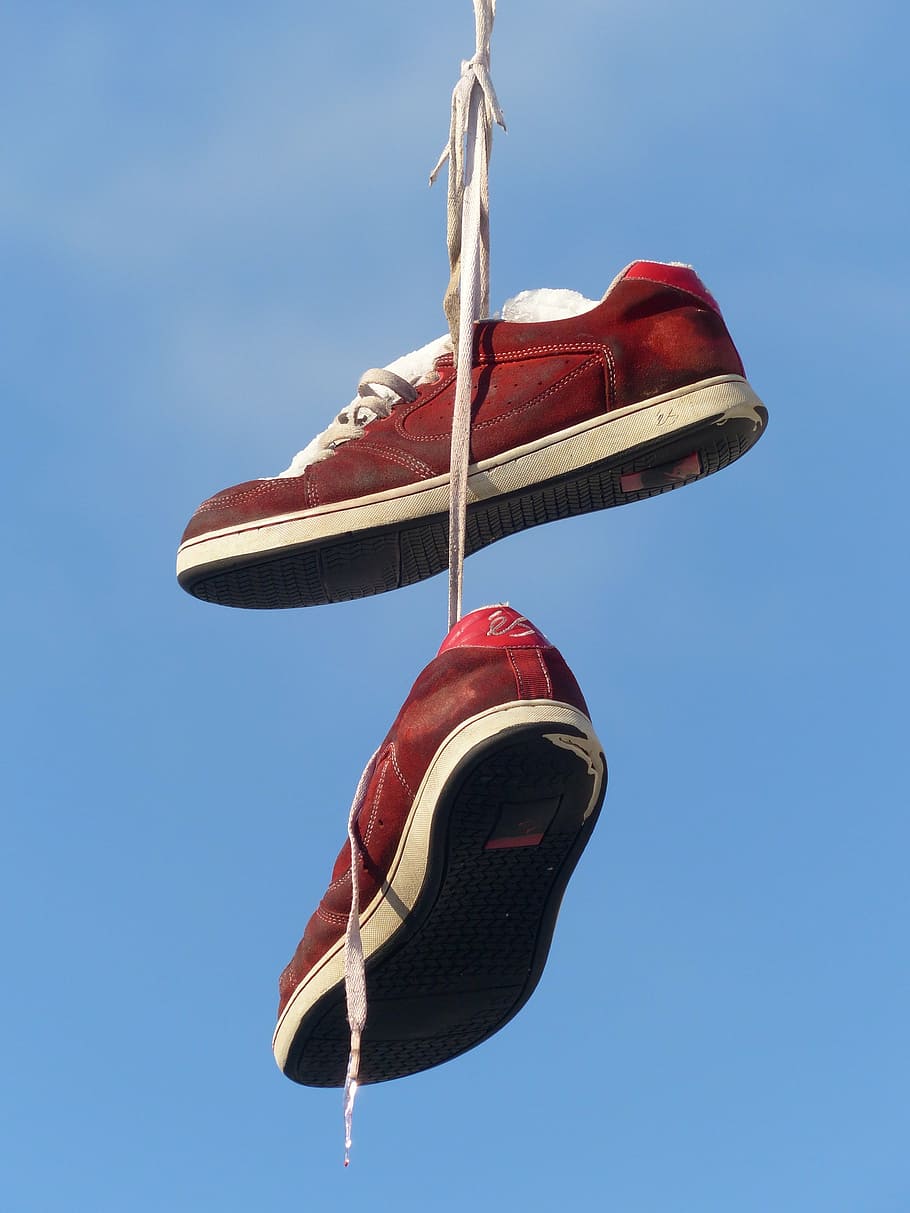 photography of pair of red sneakers, shoes, depend, leash, sky HD wallpaper