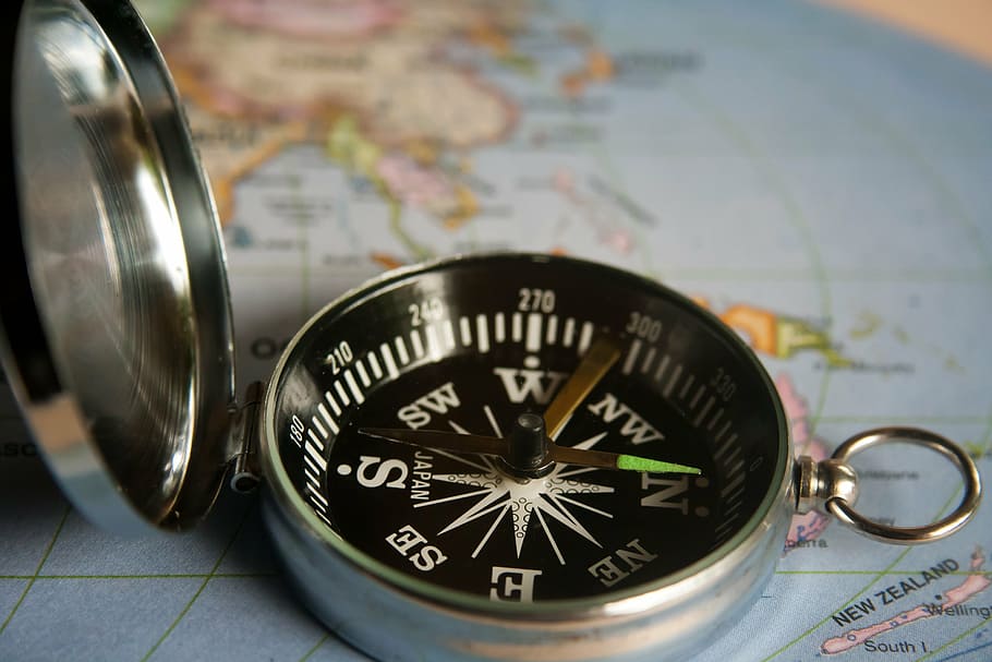 silver-colored compass, magnetic compass, navigation, direction