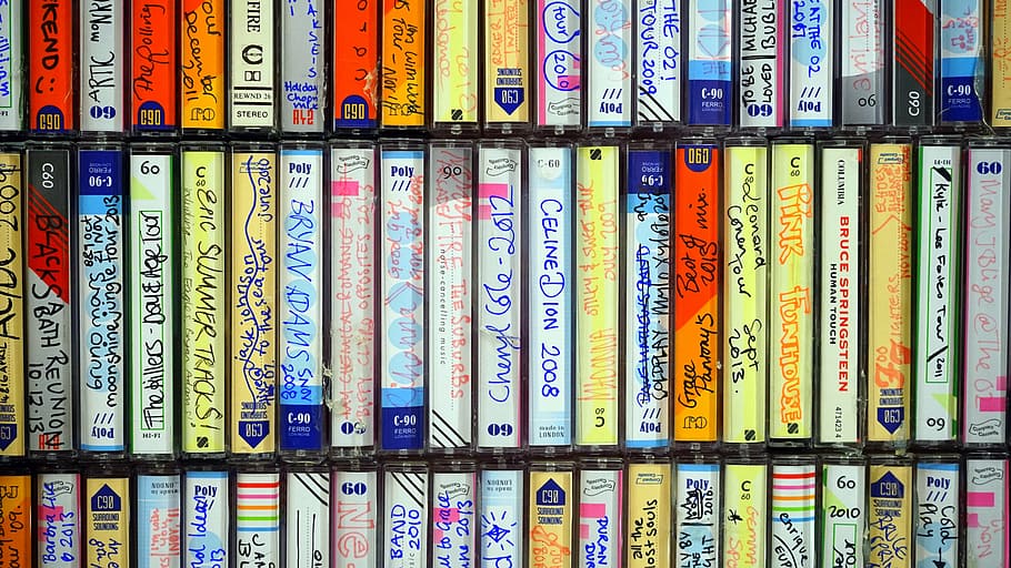 assorted books, cassette, tape, music, vintage, 1980s, 70s, hi-fi