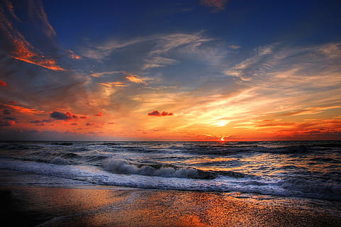 ocean during golden hour, sun, denmark, summer, sunset, nature HD wallpaper