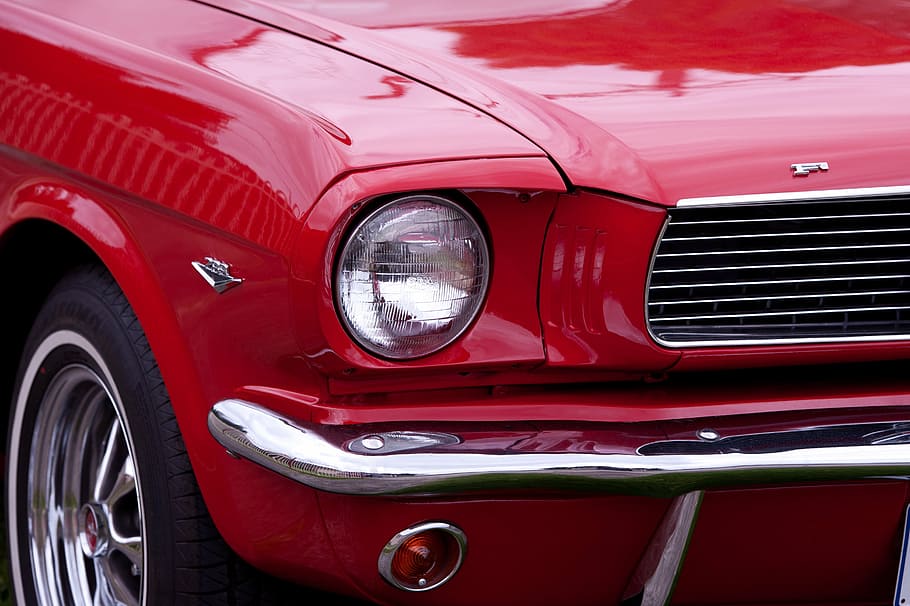 turned-off vehicle headlights, ford, mustang, red, car, automobile HD wallpaper