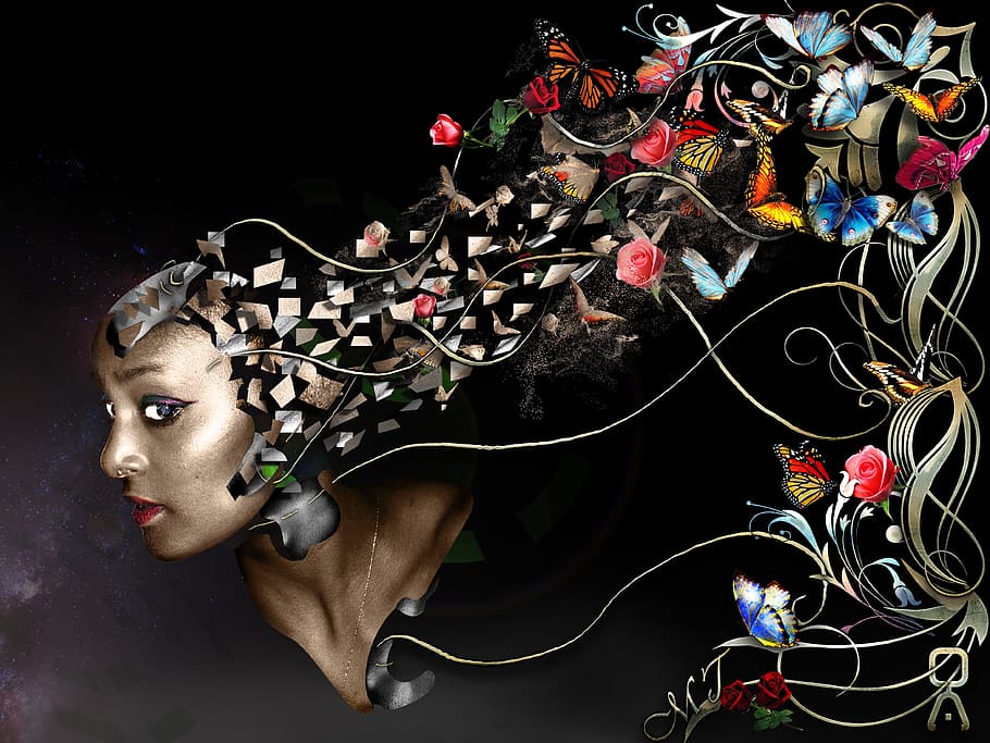 woman's head with butterflies and flower fading wallpaper, mind HD wallpaper