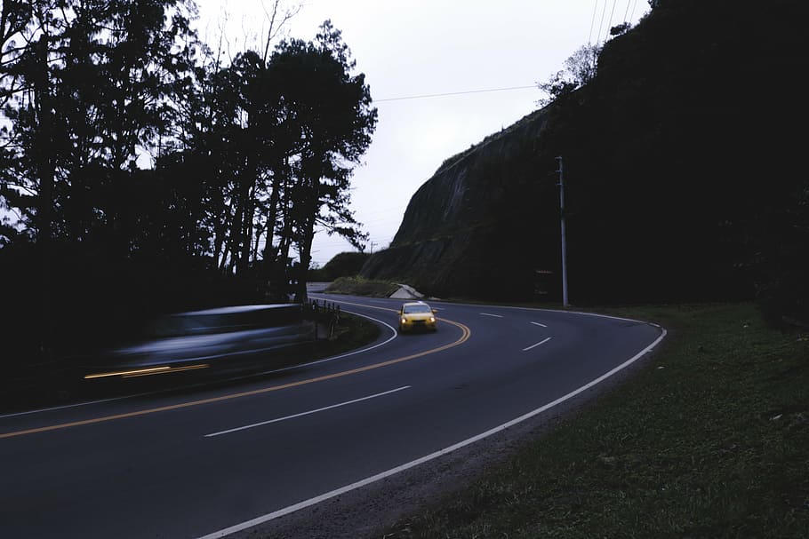 yellow vehicle on gray concrete road, grey, car, path, green HD wallpaper