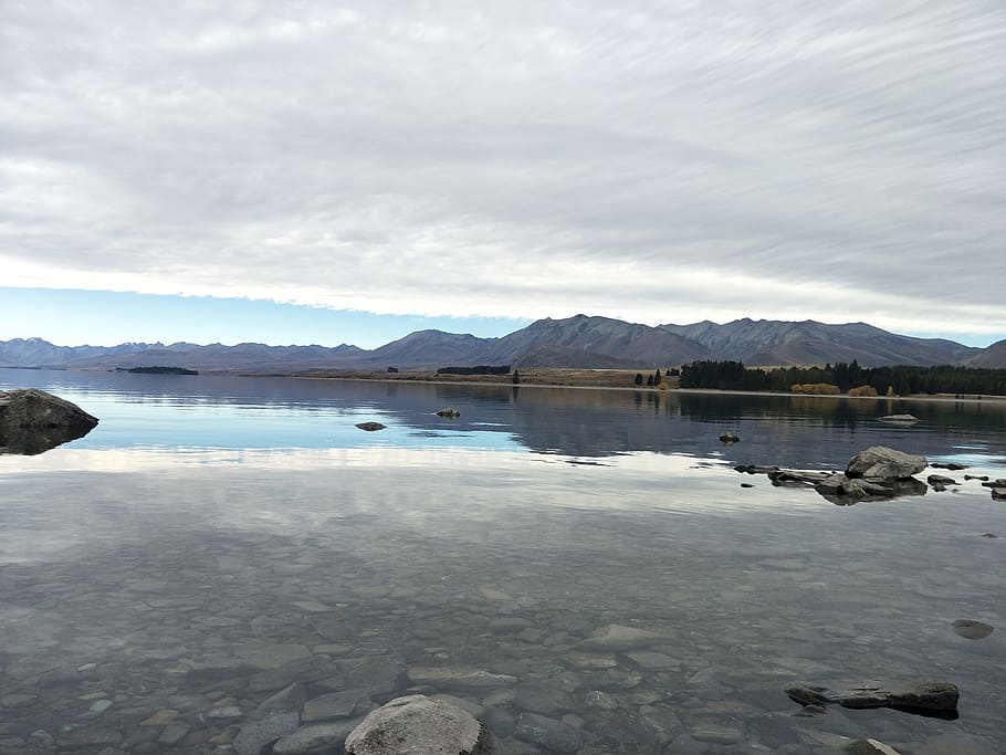 lake, reflection, water, landscape, tekapo, nature, cloudy HD wallpaper