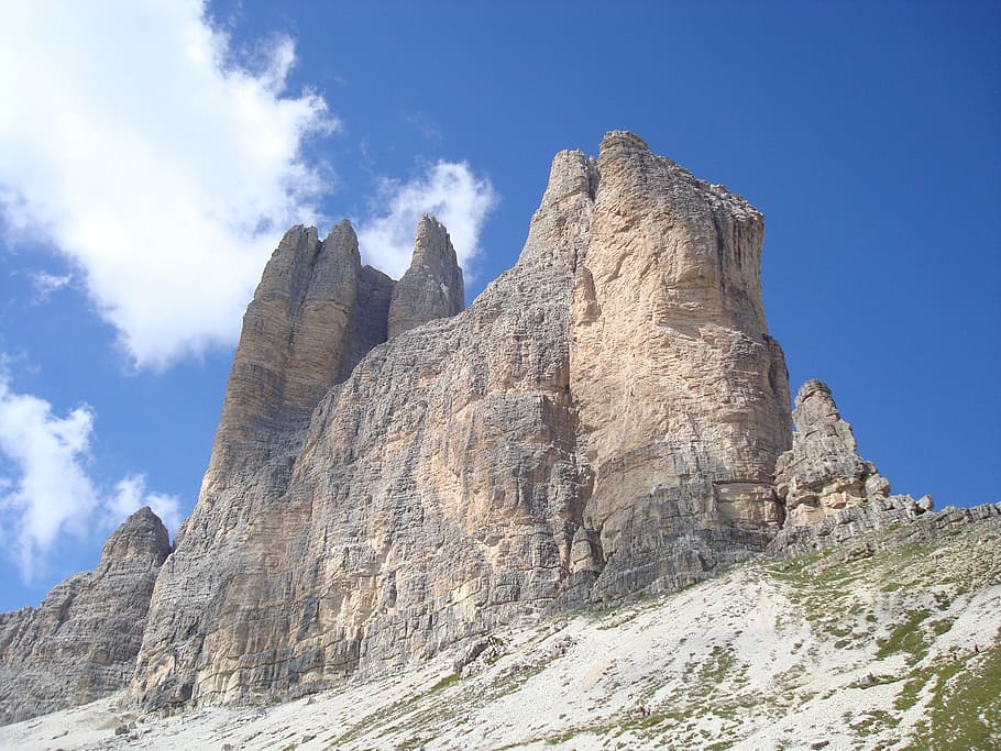 mountains, dolomites, sky, rock, landscape, stones, summer HD wallpaper