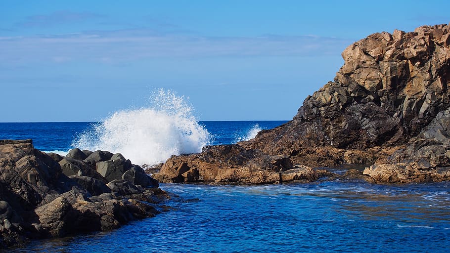 fuerteventura, wave, sea, vacations, rock, surf, summer, ocean, HD wallpaper