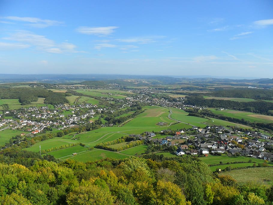 brohltal, landscape, olbrück castle, eifel, clouds, sunny HD wallpaper