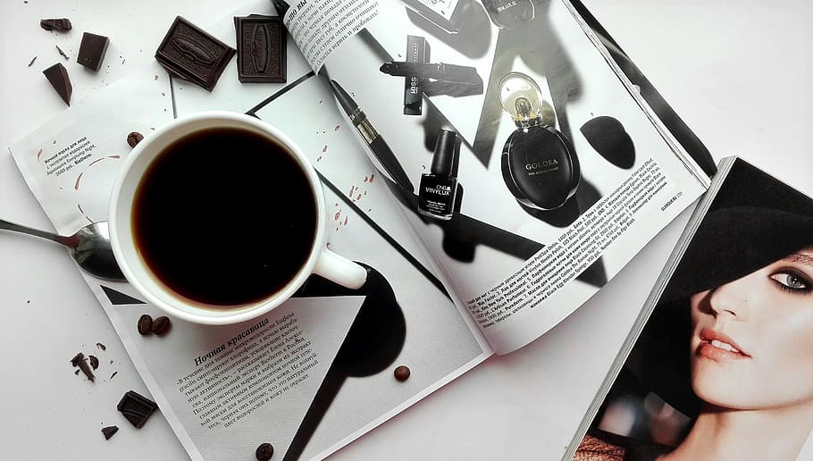 white mug on product catalogue, coffee, drinks, magazine, gloss HD wallpaper