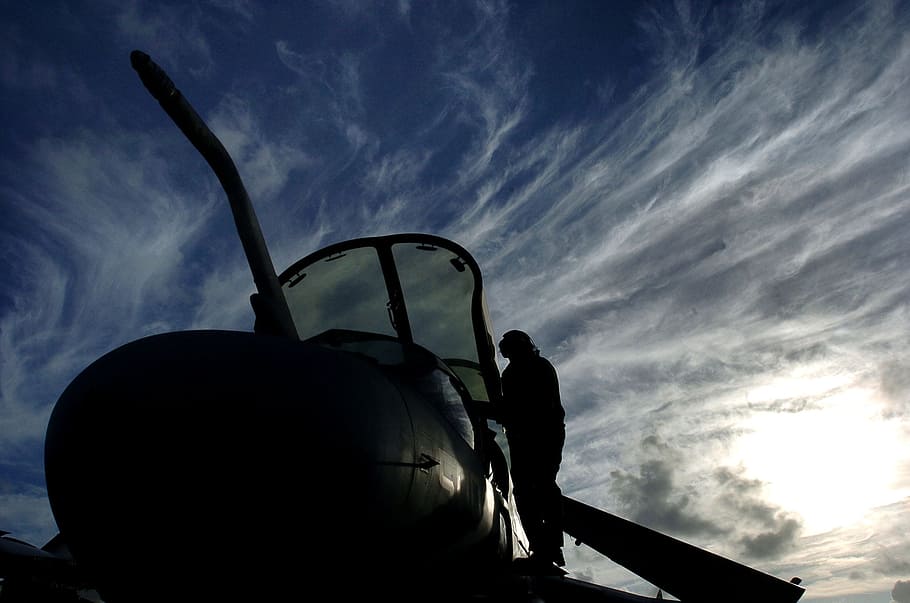 sky, clouds, sunset, ea-6b, military, man, silhouette, silhouettes HD wallpaper