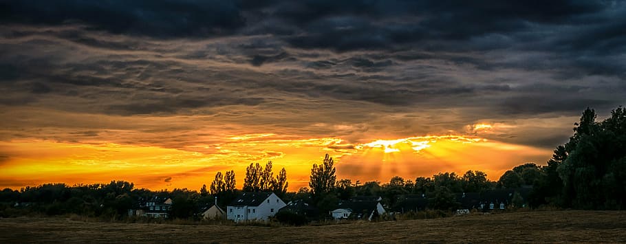 white concrete houses beside pine trees during sunset, clouds HD wallpaper