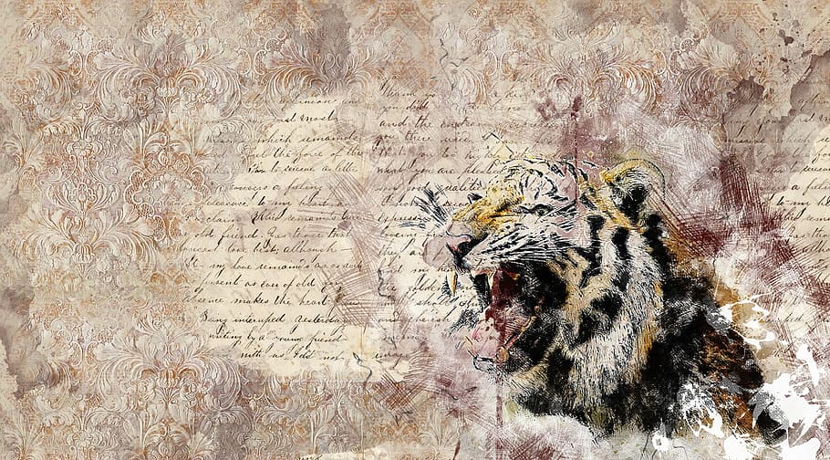 brown and black tiger painting, roaring, art, abstract, scrapbooking HD wallpaper