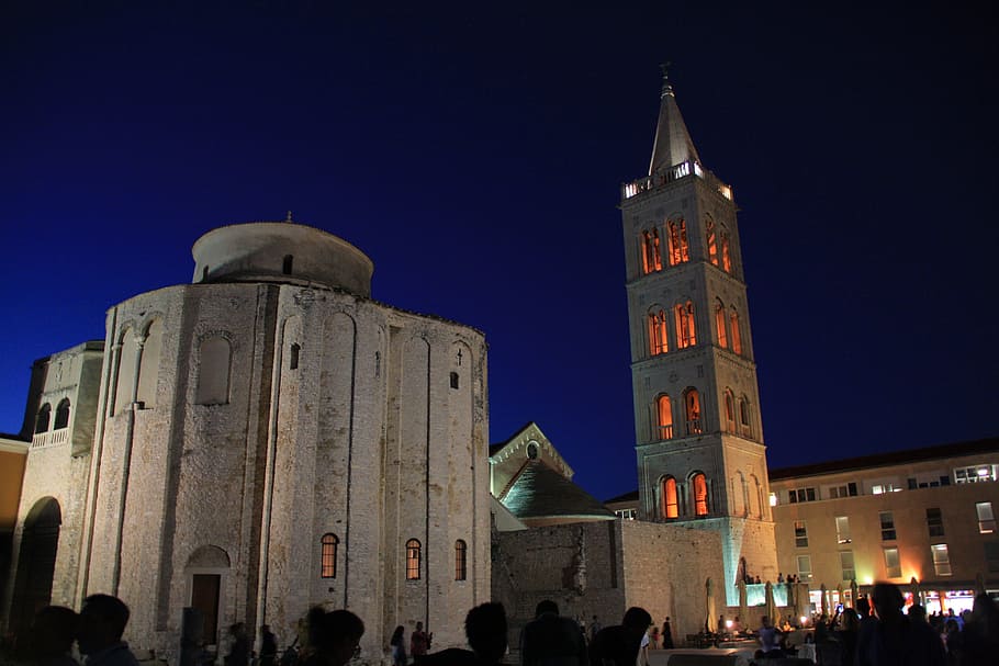zadar, evening, croatia, tower, summer, city, night, architecture HD wallpaper