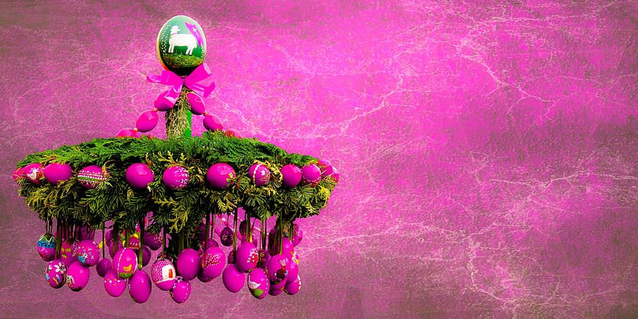 pink and green hanging decor, easter, easter decorations, wreath HD wallpaper