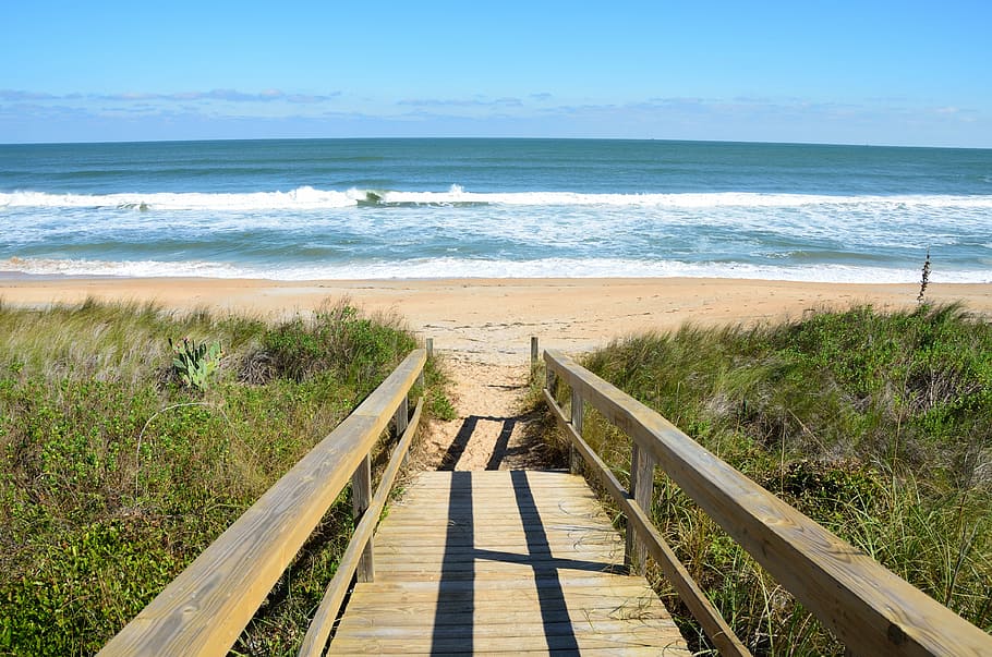 brown wooden dock near seashore, beach, walkway, boardwalk, ocean