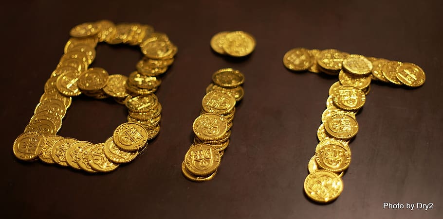 gold bitcoin lot on brown surface, coins, money, currency, wealth, HD wallpaper