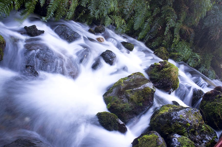 aerial photography of water spring surrounded of trees at daytime, waterfalls HD wallpaper